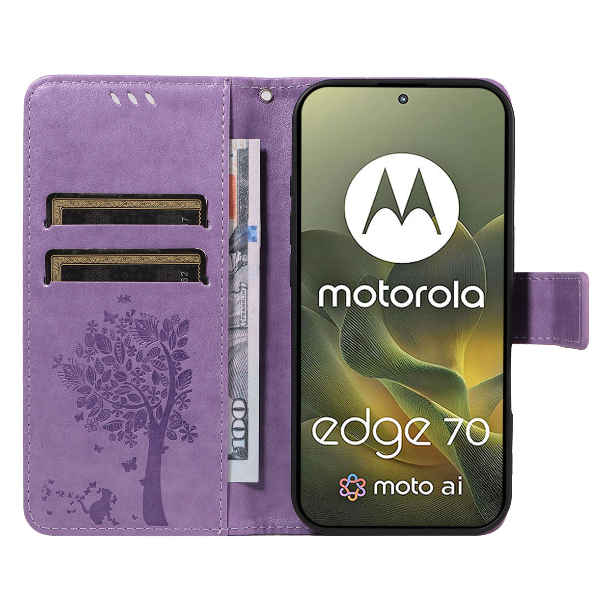 For Motorola Edge 70 5G Phone Case with Stand Cat Tree Pattern Leather Wallet Mobile Cover -  Light Purple