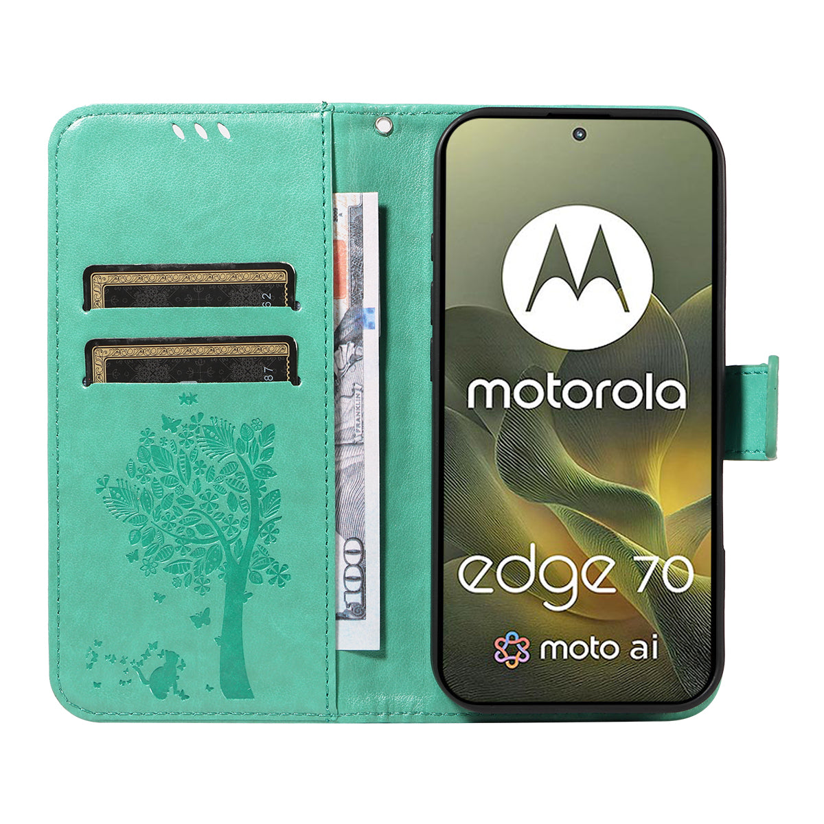 For Motorola Edge 70 5G Phone Case with Stand Cat Tree Pattern Leather Wallet Mobile Cover - Green