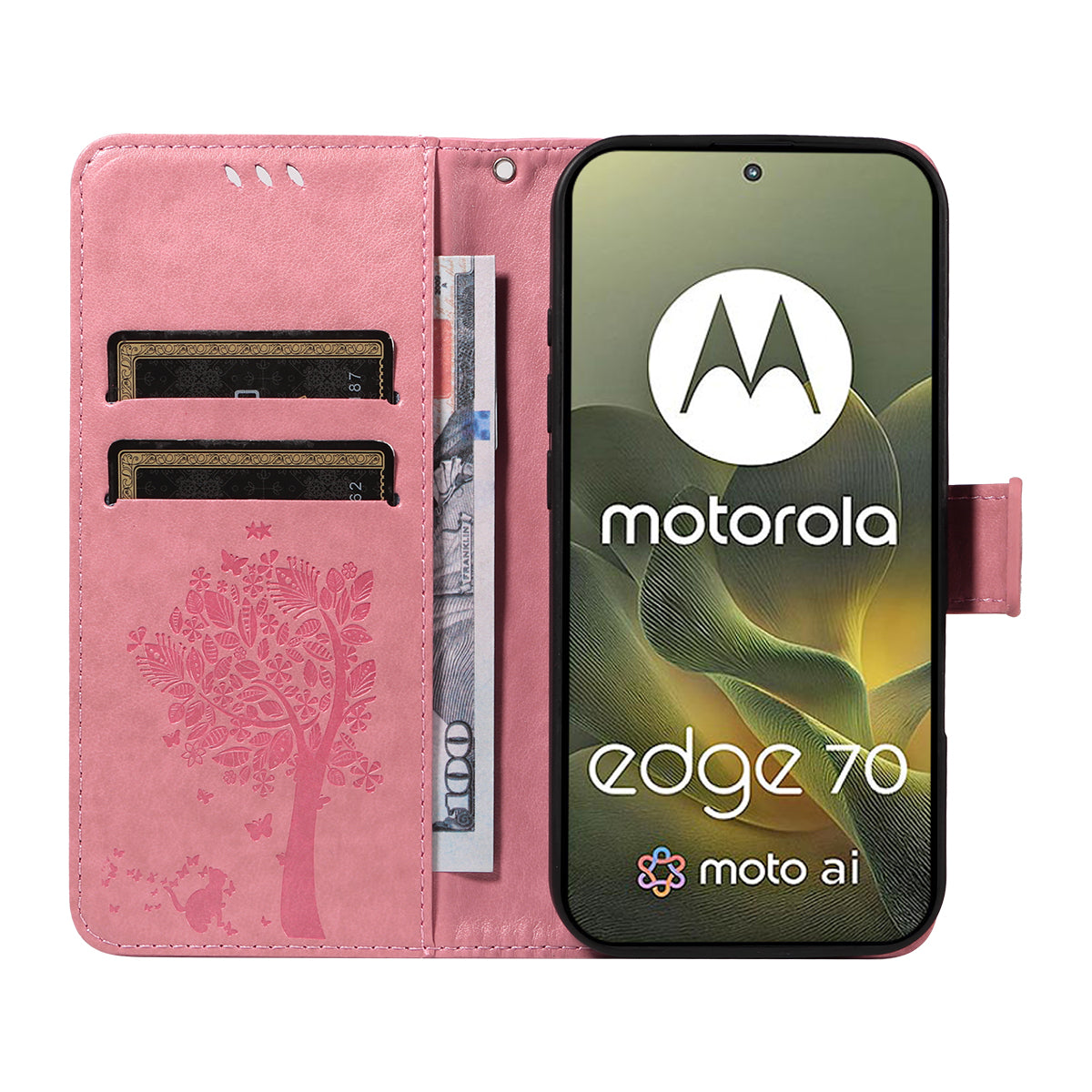 For Motorola Edge 70 5G Phone Case with Stand Cat Tree Pattern Leather Wallet Mobile Cover - Pink