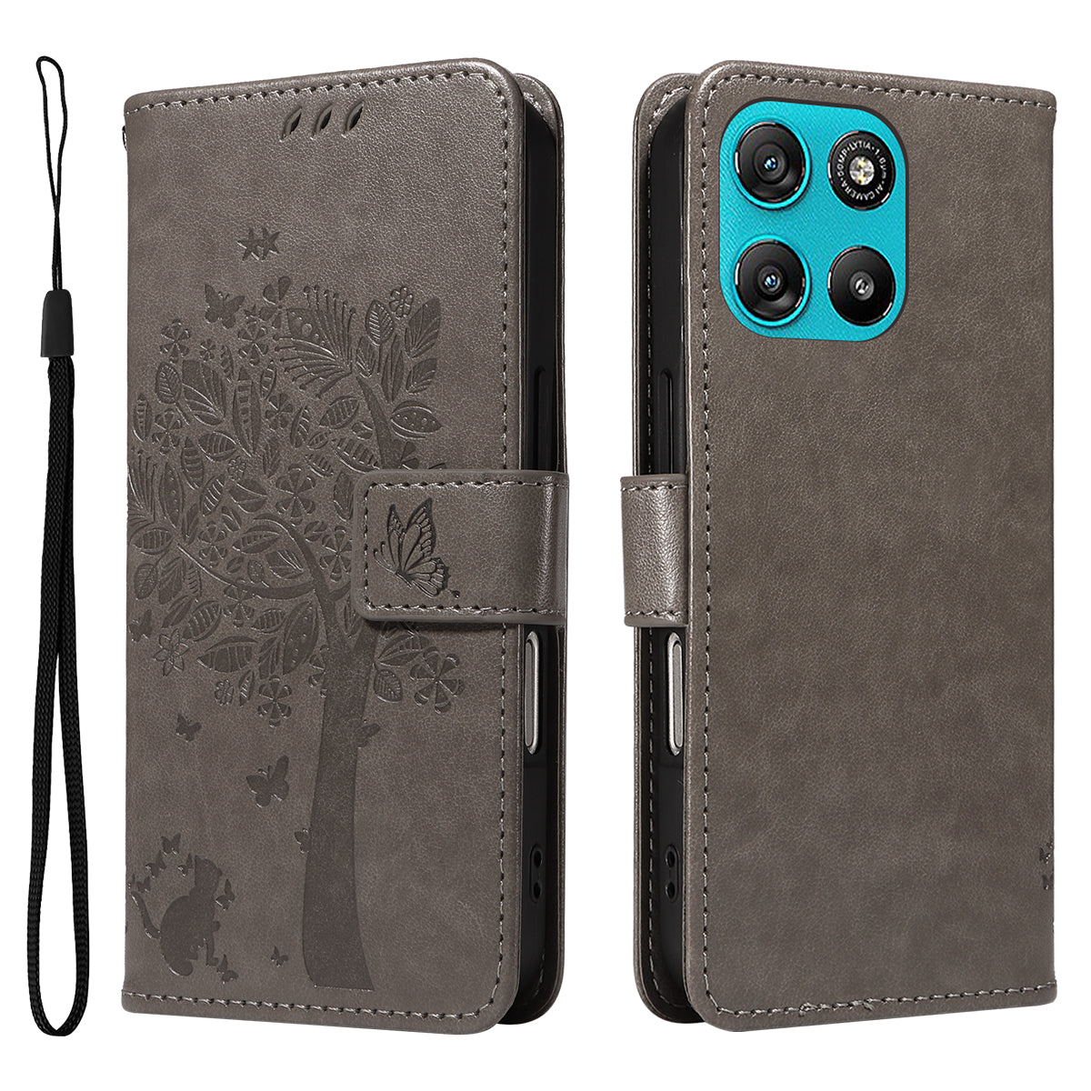 For Motorola Moto G57 Power 5G / Motorola Moto G100 5G (2025) / Motorola Moto G67 Power 5G Phone Case with Stand Cat Tree Pattern Leather Wallet Mobile Cover - Grey