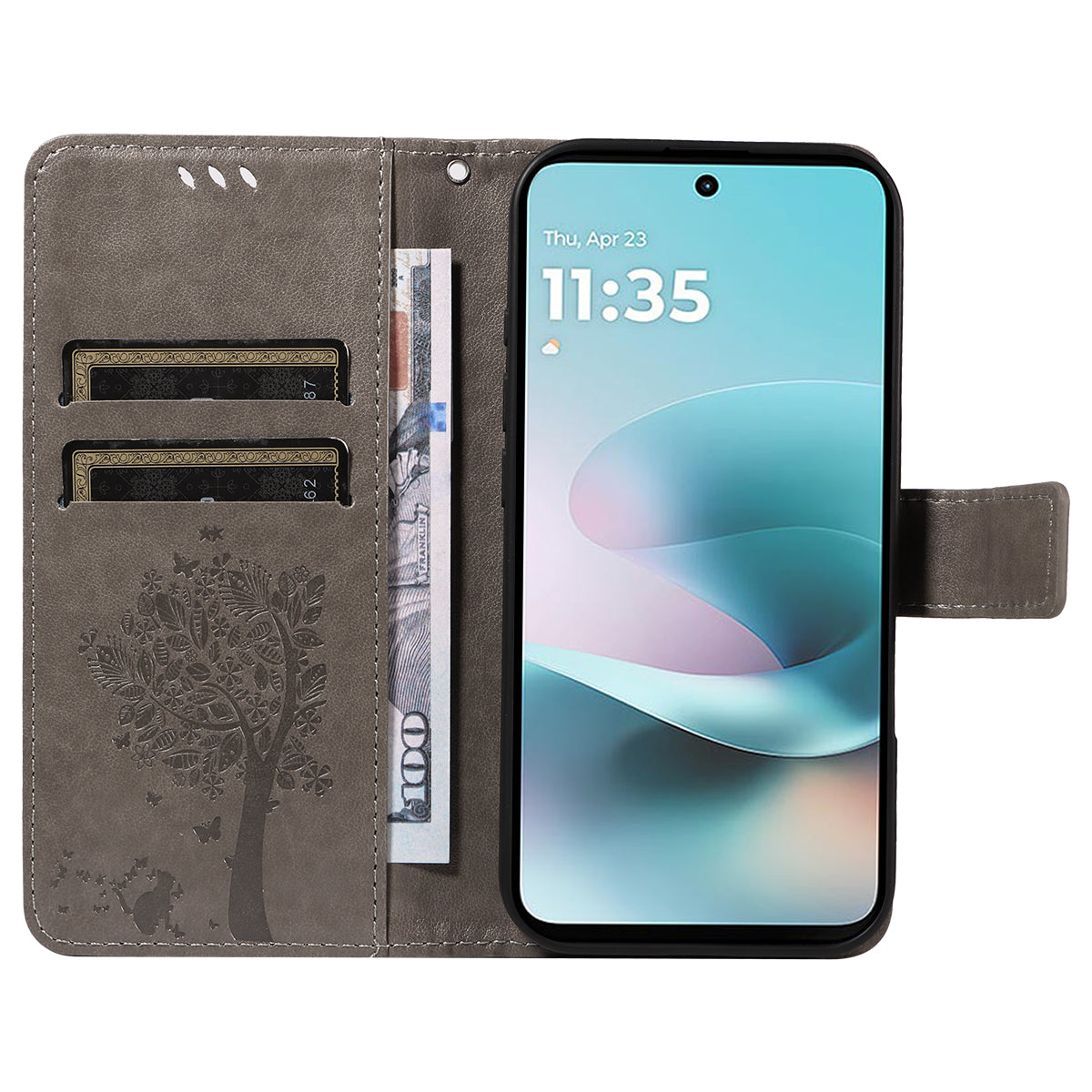 For Motorola Moto G57 Power 5G / Motorola Moto G100 5G (2025) / Motorola Moto G67 Power 5G Phone Case with Stand Cat Tree Pattern Leather Wallet Mobile Cover - Grey