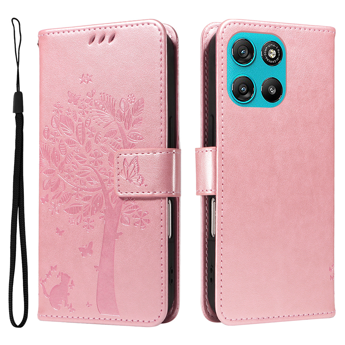 For Motorola Moto G57 Power 5G / Motorola Moto G100 5G (2025) / Motorola Moto G67 Power 5G Phone Case with Stand Cat Tree Pattern Leather Wallet Mobile Cover - Rose Gold