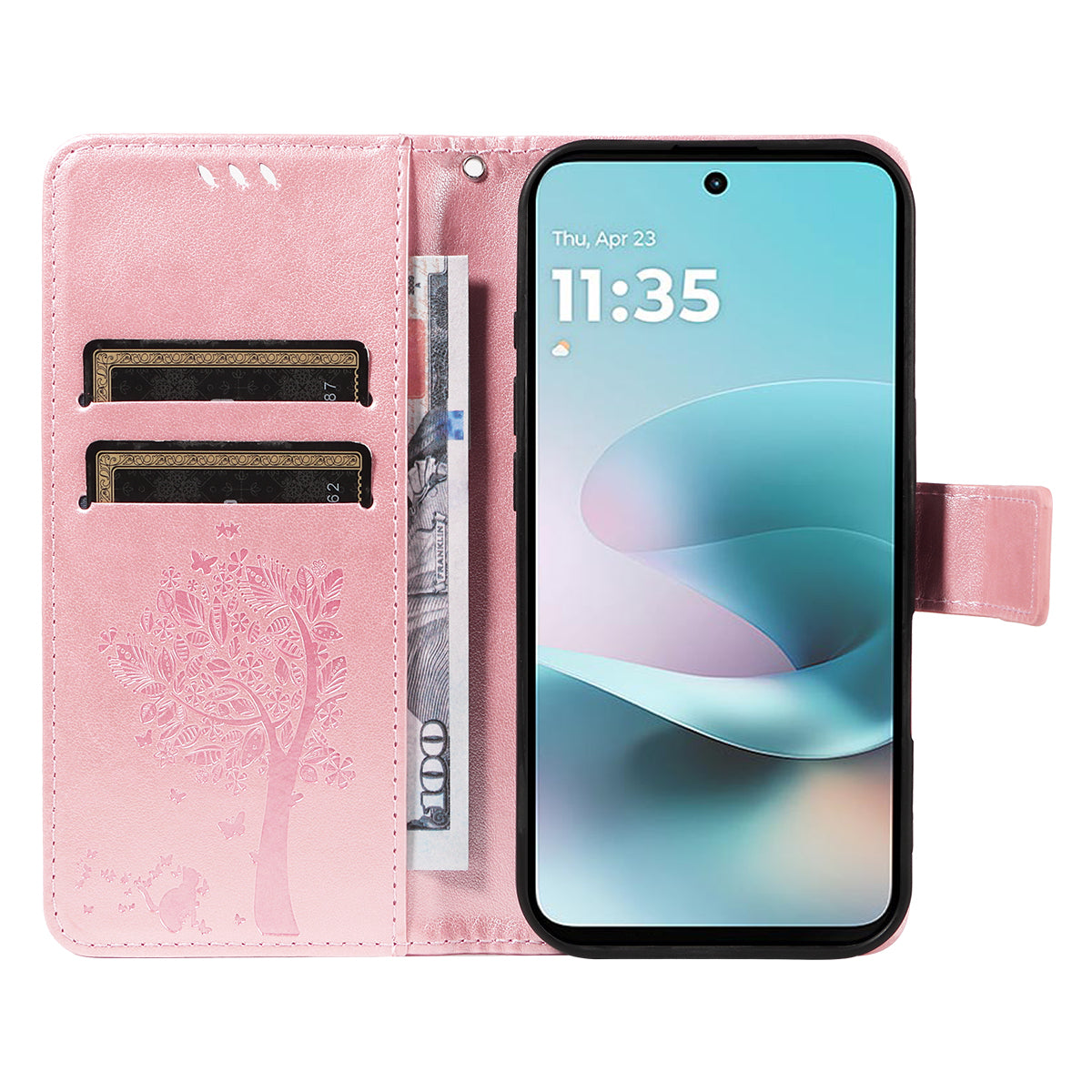 For Motorola Moto G57 Power 5G / Motorola Moto G100 5G (2025) / Motorola Moto G67 Power 5G Phone Case with Stand Cat Tree Pattern Leather Wallet Mobile Cover - Rose Gold