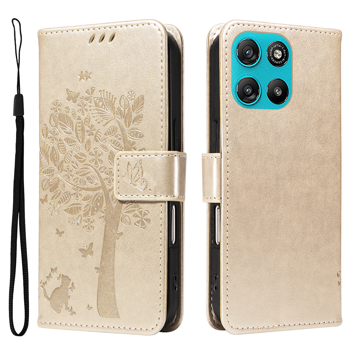 For Motorola Moto G57 Power 5G / Motorola Moto G100 5G (2025) / Motorola Moto G67 Power 5G Phone Case with Stand Cat Tree Pattern Leather Wallet Mobile Cover - Gold