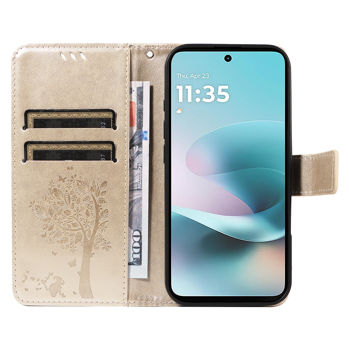 For Motorola Moto G57 Power 5G / Motorola Moto G100 5G (2025) / Motorola Moto G67 Power 5G Phone Case with Stand Cat Tree Pattern Leather Wallet Mobile Cover - Gold