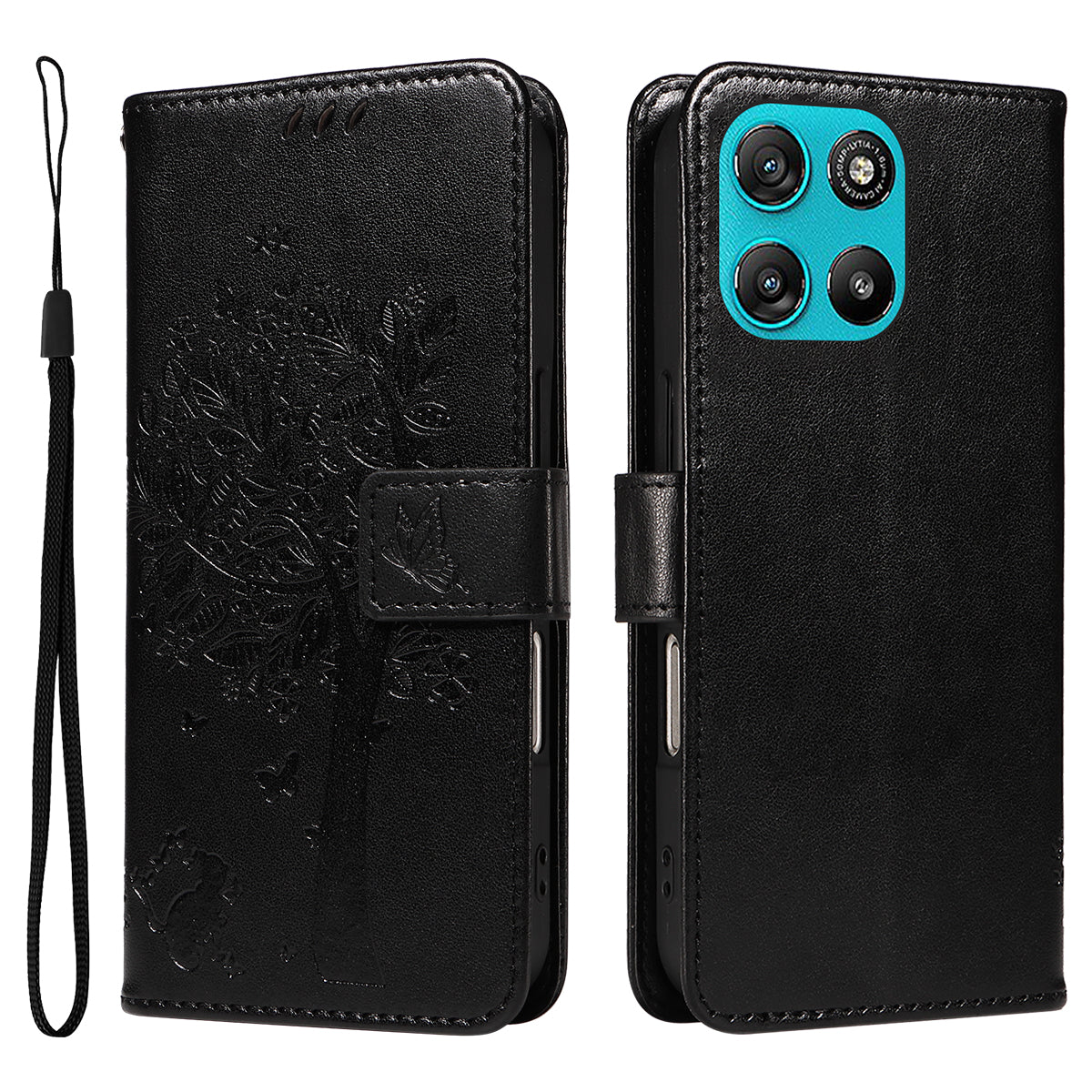 For Motorola Moto G57 Power 5G / Motorola Moto G100 5G (2025) / Motorola Moto G67 Power 5G Phone Case with Stand Cat Tree Pattern Leather Wallet Mobile Cover -  Black
