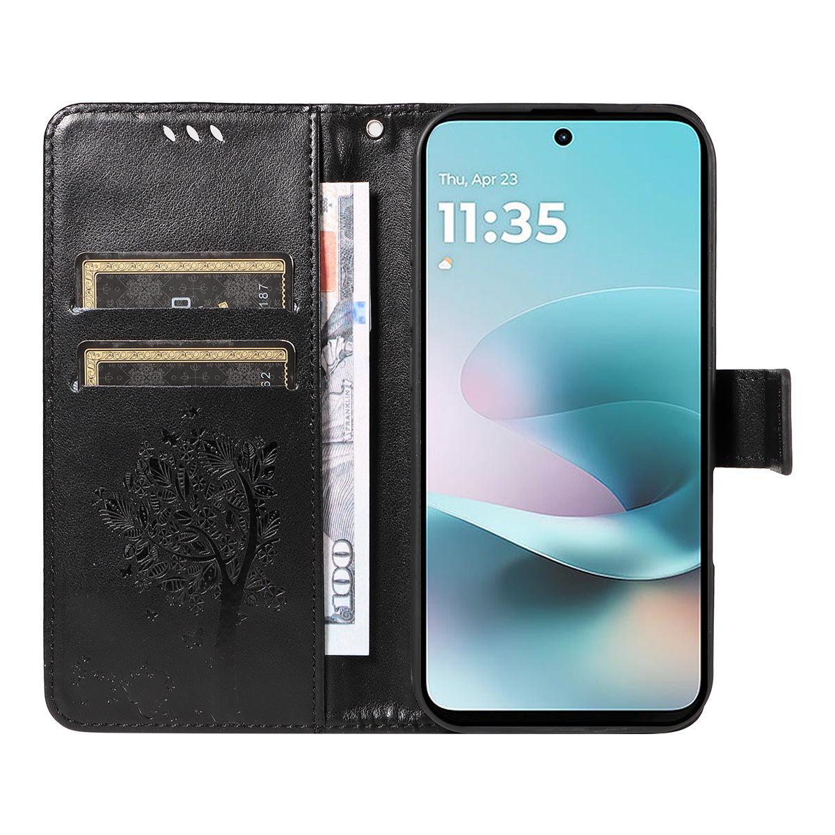 For Motorola Moto G57 Power 5G / Motorola Moto G100 5G (2025) / Motorola Moto G67 Power 5G Phone Case with Stand Cat Tree Pattern Leather Wallet Mobile Cover -  Black