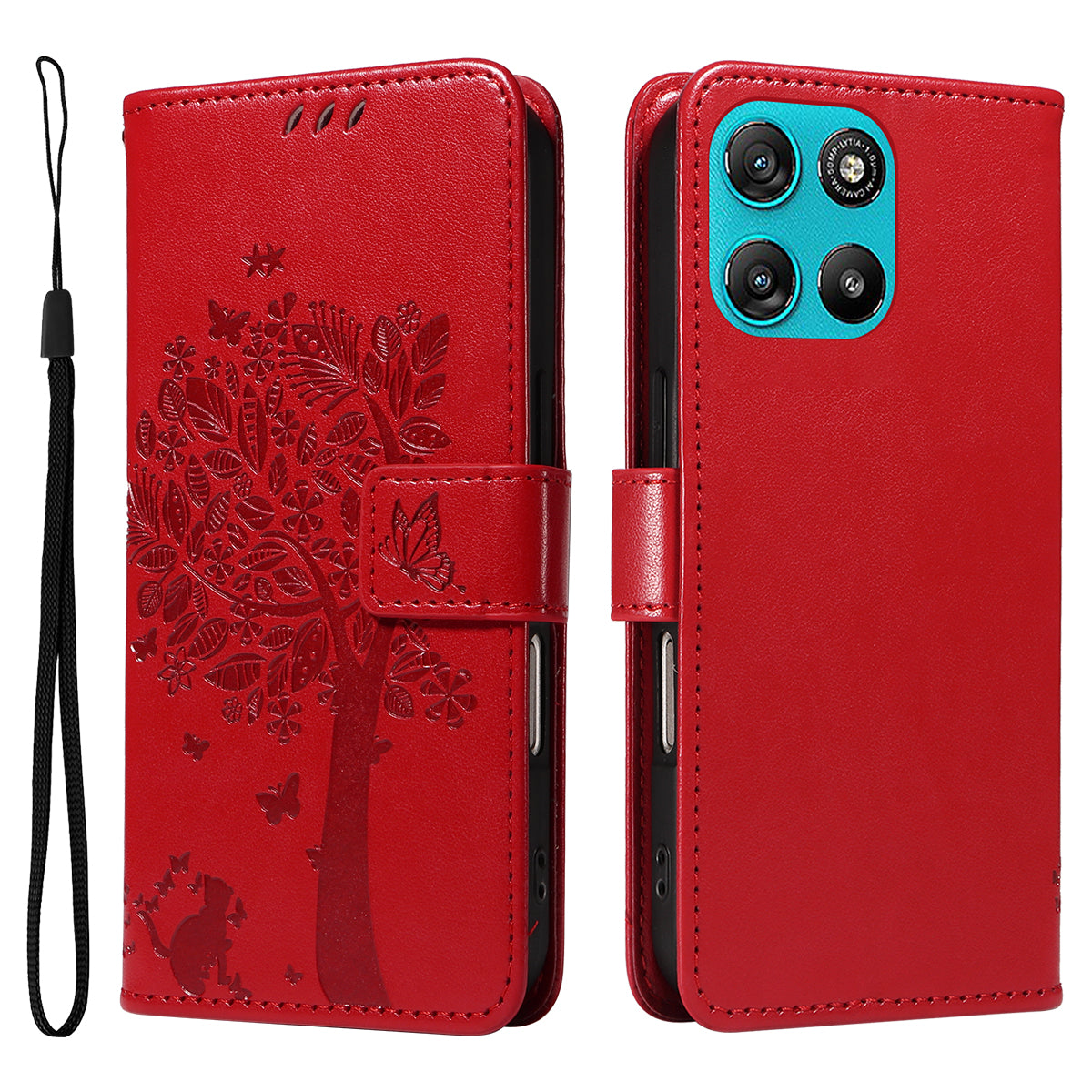 For Motorola Moto G57 Power 5G / Motorola Moto G100 5G (2025) / Motorola Moto G67 Power 5G Phone Case with Stand Cat Tree Pattern Leather Wallet Mobile Cover - Red