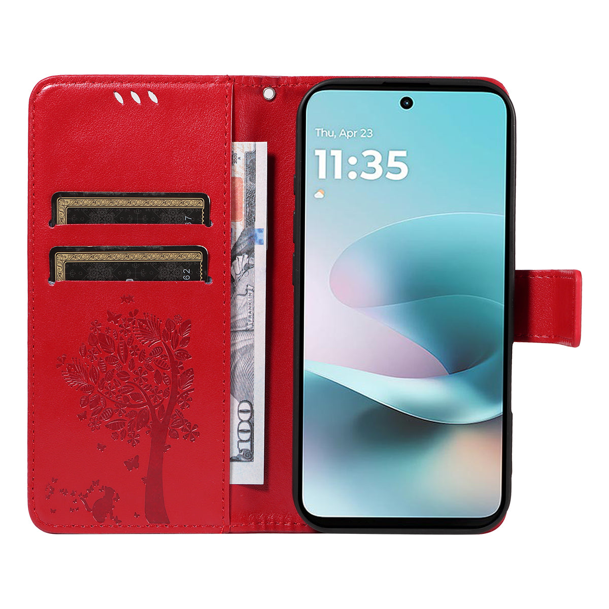 For Motorola Moto G57 Power 5G / Motorola Moto G100 5G (2025) / Motorola Moto G67 Power 5G Phone Case with Stand Cat Tree Pattern Leather Wallet Mobile Cover - Red