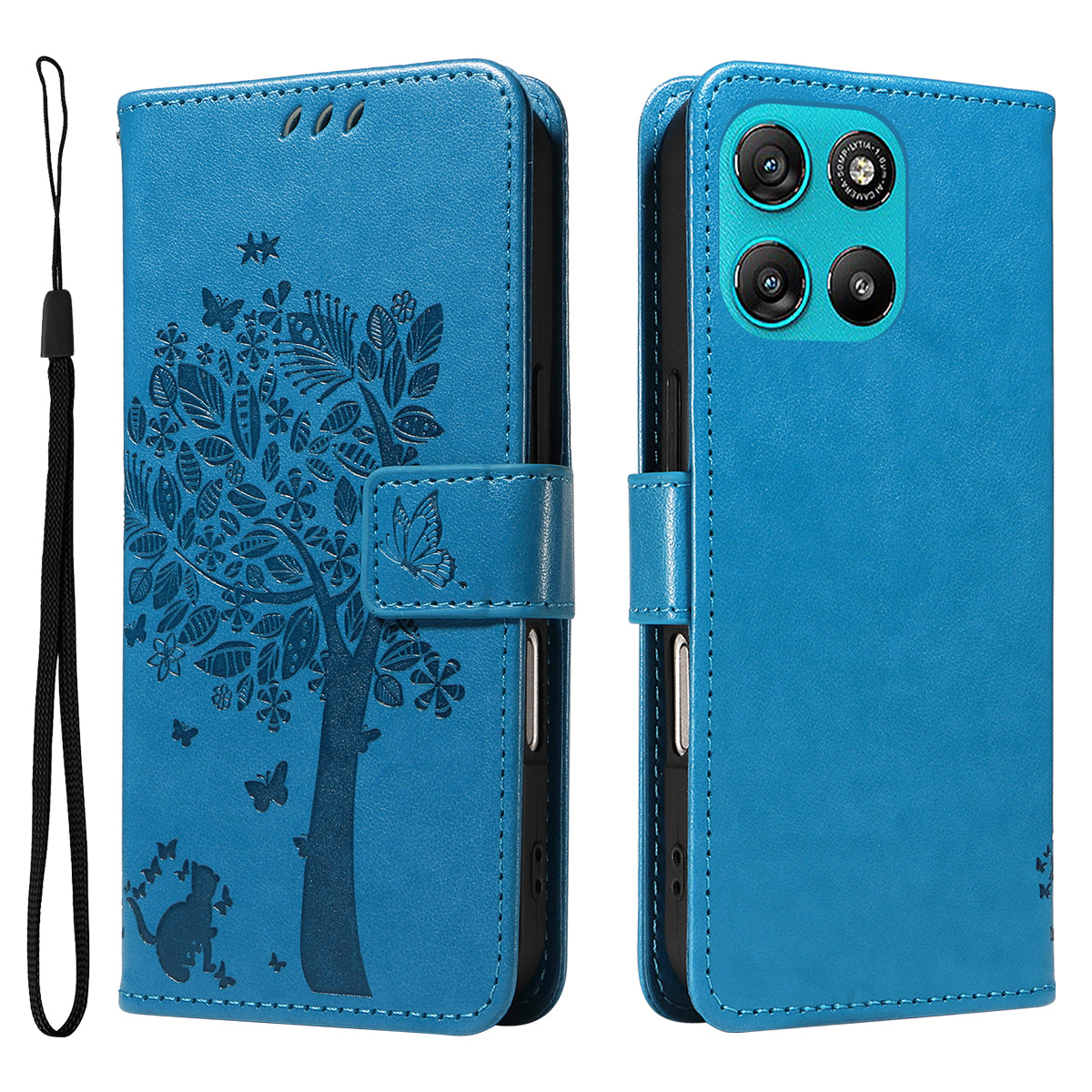 For Motorola Moto G57 Power 5G / Motorola Moto G100 5G (2025) / Motorola Moto G67 Power 5G Phone Case with Stand Cat Tree Pattern Leather Wallet Mobile Cover - Blue