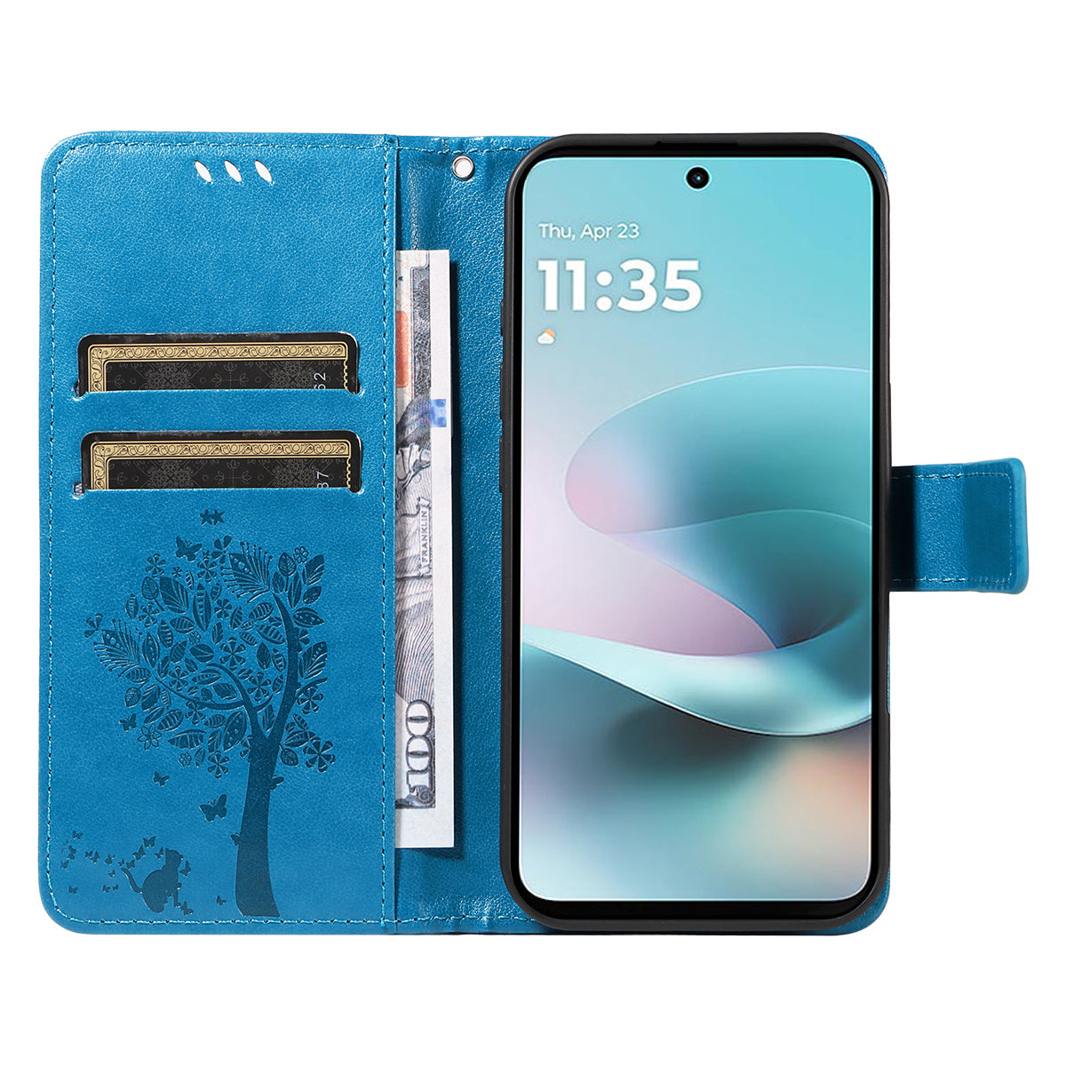 For Motorola Moto G57 Power 5G / Motorola Moto G100 5G (2025) / Motorola Moto G67 Power 5G Phone Case with Stand Cat Tree Pattern Leather Wallet Mobile Cover - Blue