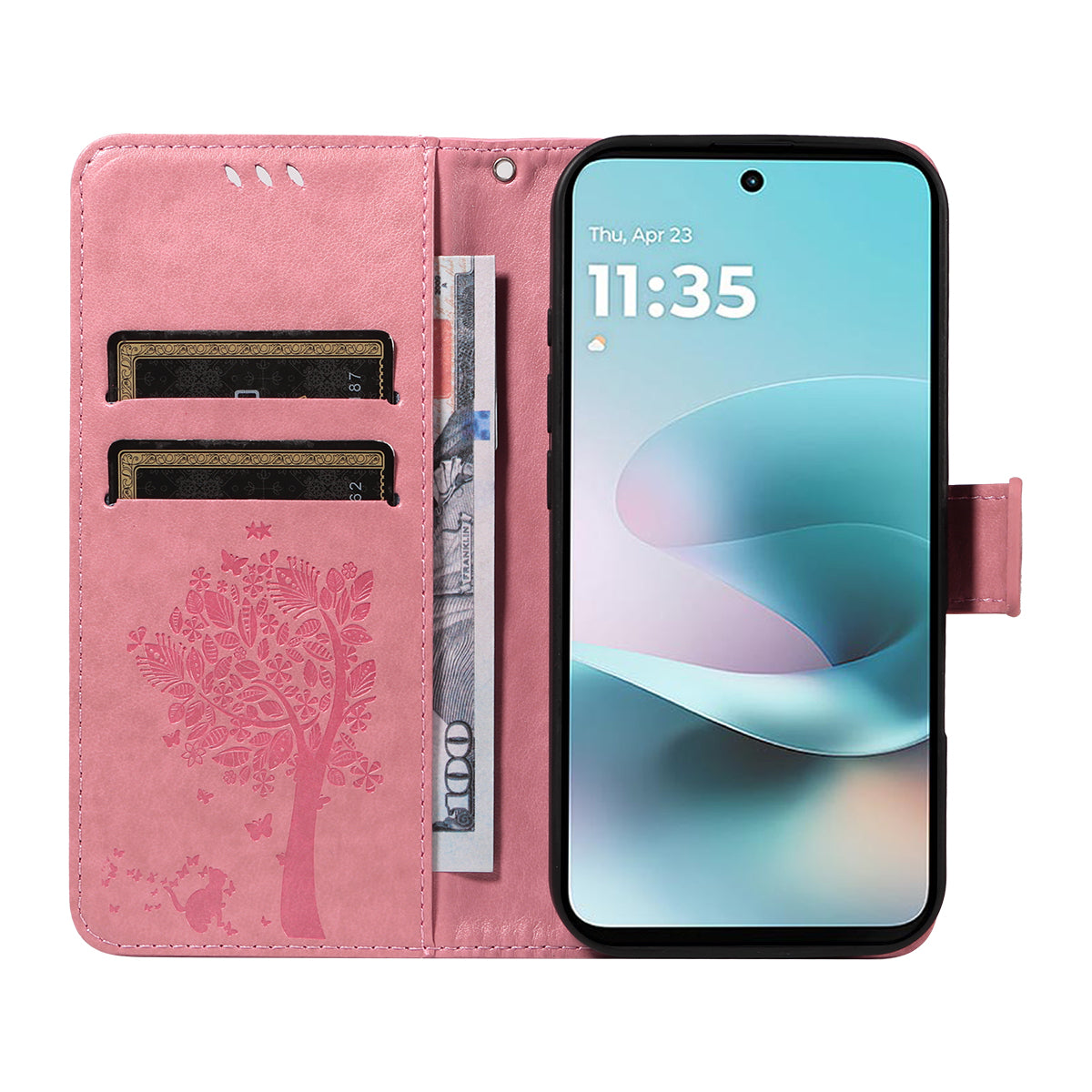 For Motorola Moto G57 Power 5G / Motorola Moto G100 5G (2025) / Motorola Moto G67 Power 5G Phone Case with Stand Cat Tree Pattern Leather Wallet Mobile Cover - Pink