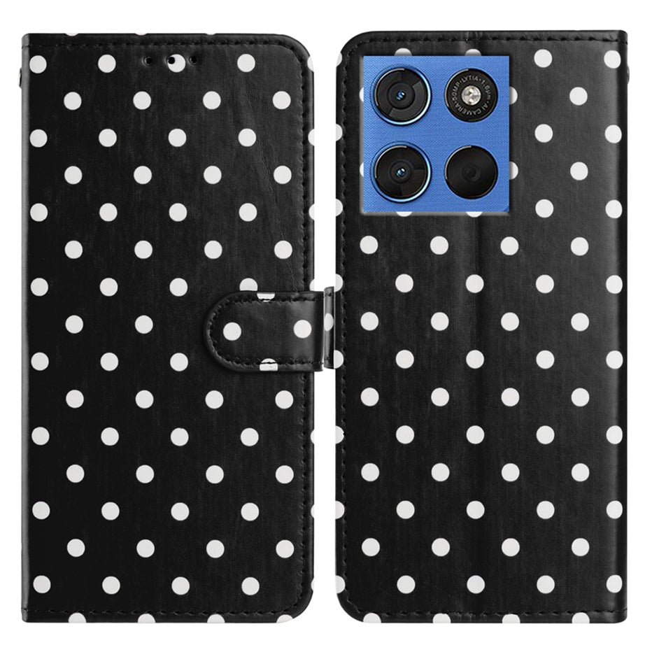 For Motorola Edge 70 5G Leather Case Polka Dot Pattern Wallet Stand Folio Phone Cover - Black