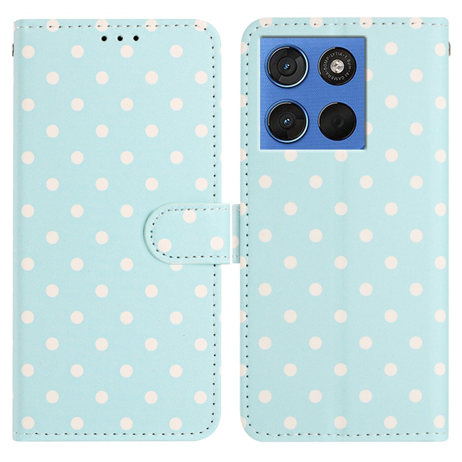 For Motorola Edge 70 5G Leather Case Polka Dot Pattern Wallet Stand Folio Phone Cover - Blue