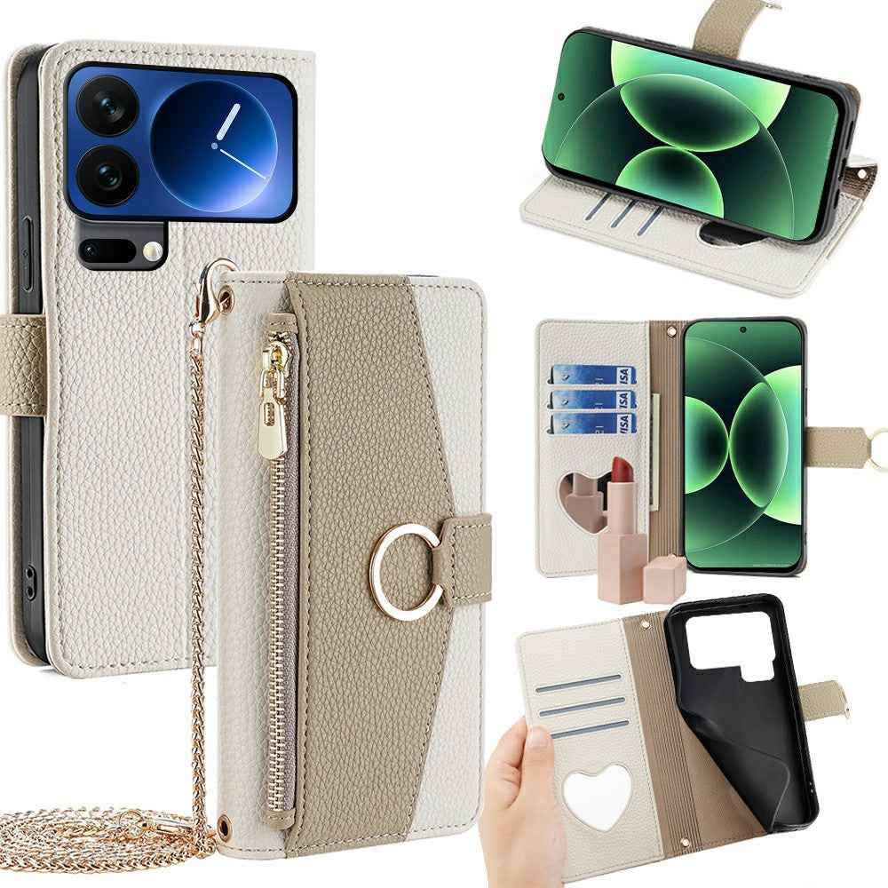 For Xiaomi 17 Pro Case Mirror Wallet Leather Phone Cover with Chain Shoulder Strap - White