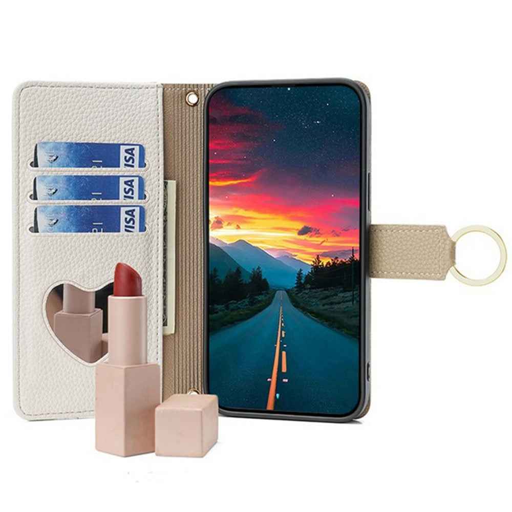 For Xiaomi 17 Pro Case Mirror Wallet Leather Phone Cover with Chain Shoulder Strap - White