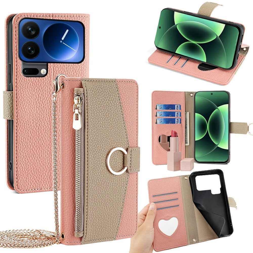 For Xiaomi 17 Pro Case Mirror Wallet Leather Phone Cover with Chain Shoulder Strap - Pink