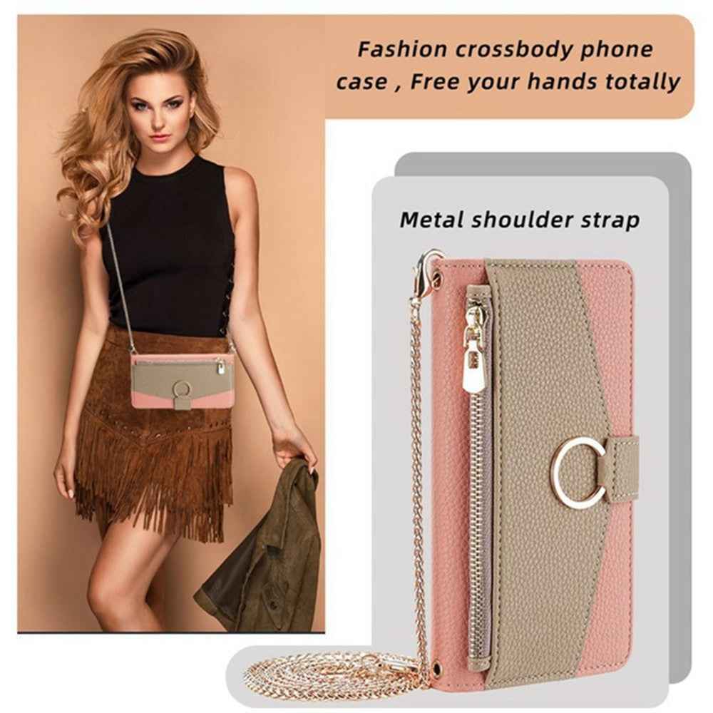For Xiaomi 17 Pro Case Mirror Wallet Leather Phone Cover with Chain Shoulder Strap - Pink