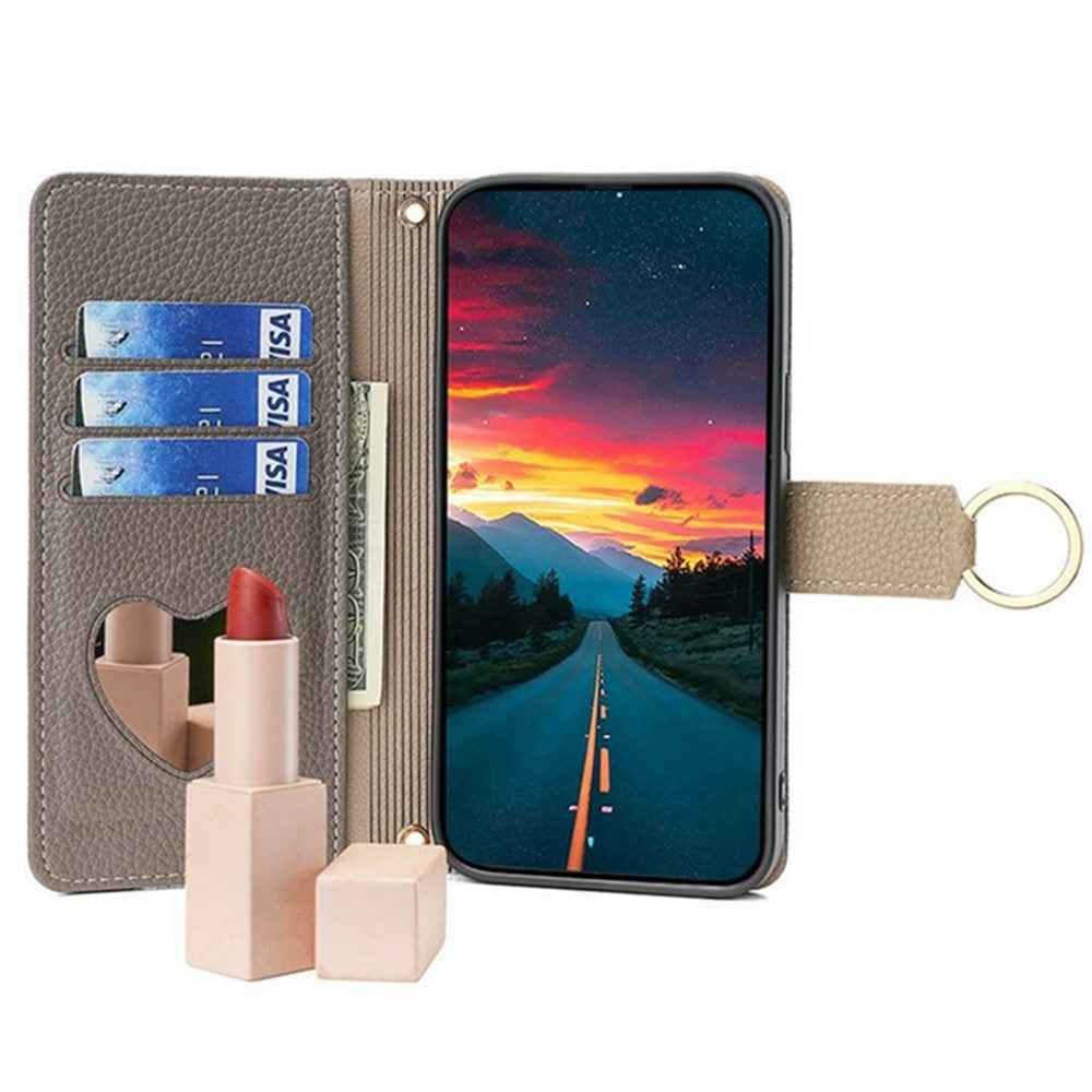 For Xiaomi 17 Pro Case Mirror Wallet Leather Phone Cover with Chain Shoulder Strap - Grey