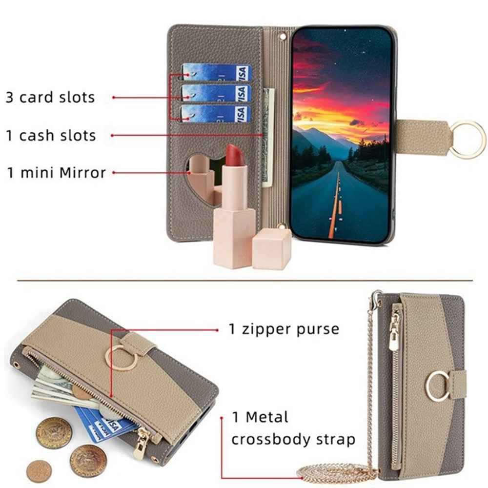 For Xiaomi 17 Pro Case Mirror Wallet Leather Phone Cover with Chain Shoulder Strap - Grey