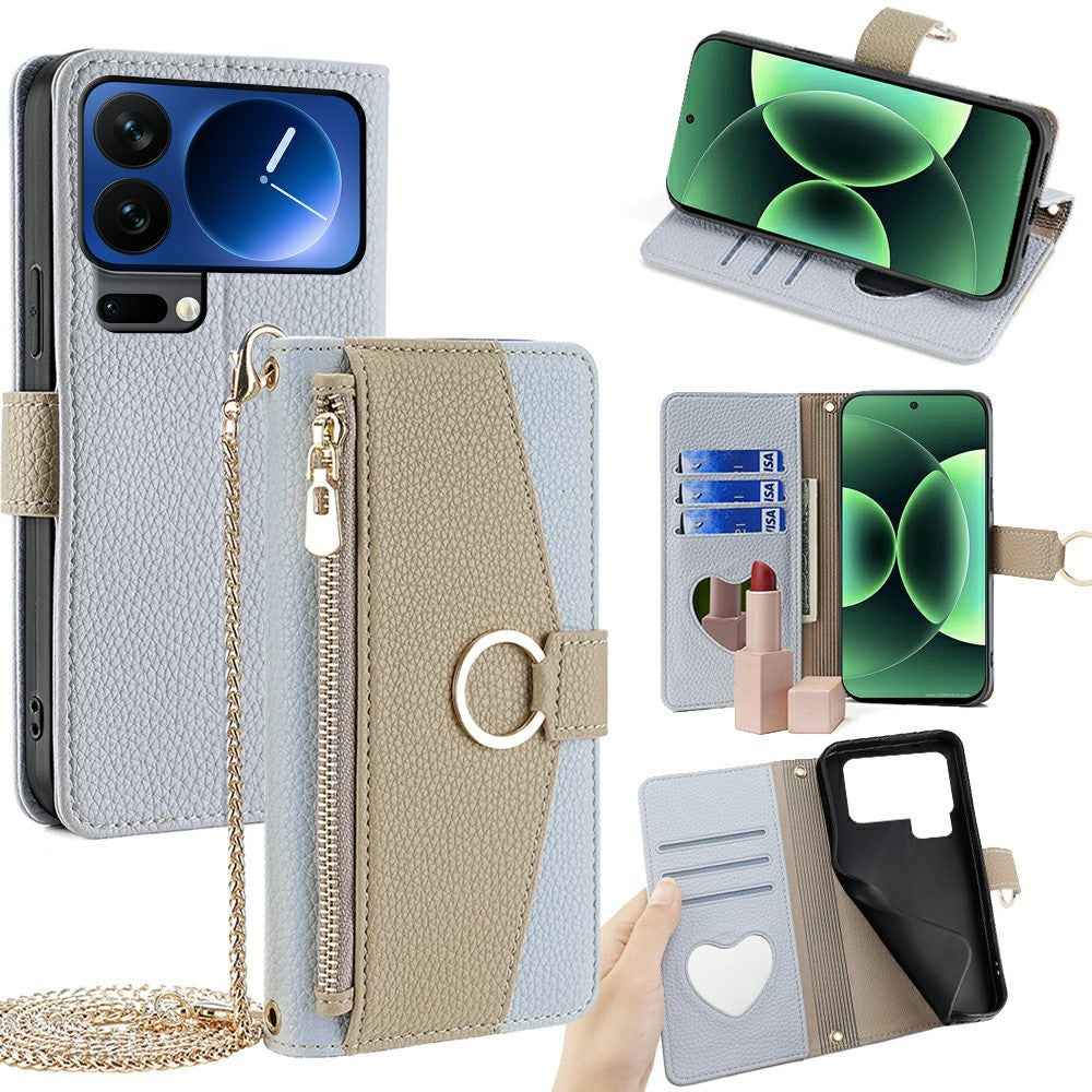 For Xiaomi 17 Pro Case Mirror Wallet Leather Phone Cover with Chain Shoulder Strap - Blue