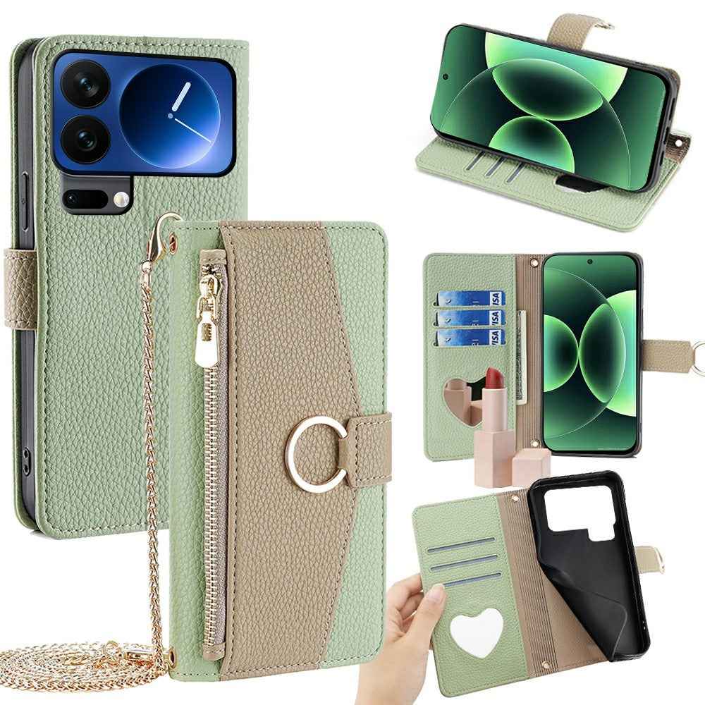 For Xiaomi 17 Pro Case Mirror Wallet Leather Phone Cover with Chain Shoulder Strap - Green