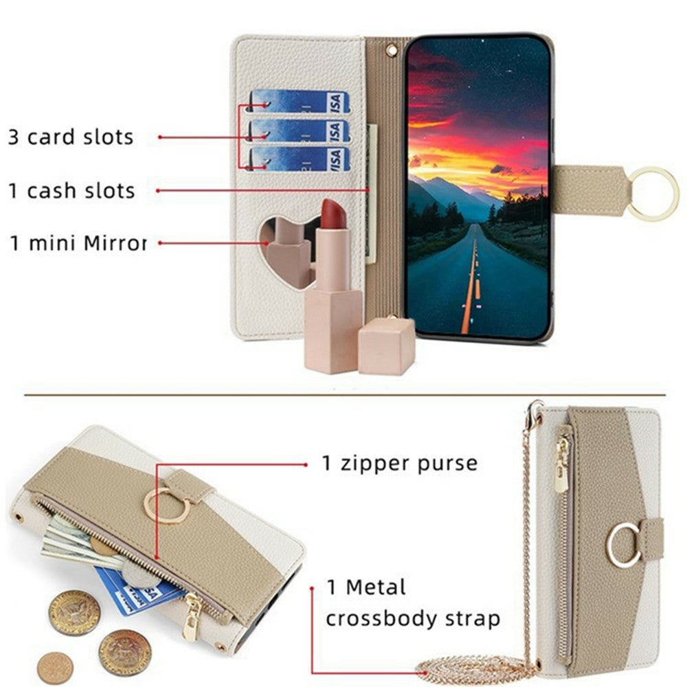 For Xiaomi 17 Pro Max Case Mirror Wallet Leather Phone Cover with Chain Shoulder Strap - White