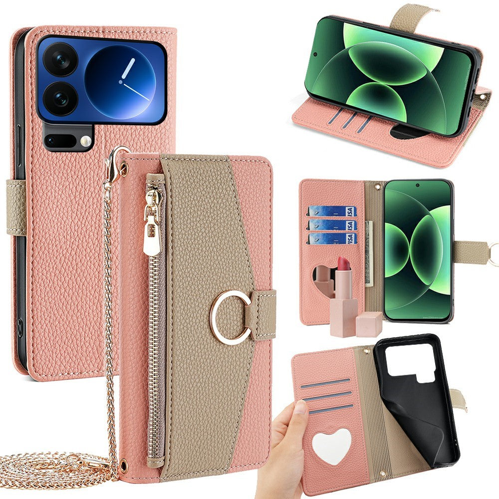 For Xiaomi 17 Pro Max Case Mirror Wallet Leather Phone Cover with Chain Shoulder Strap - Pink