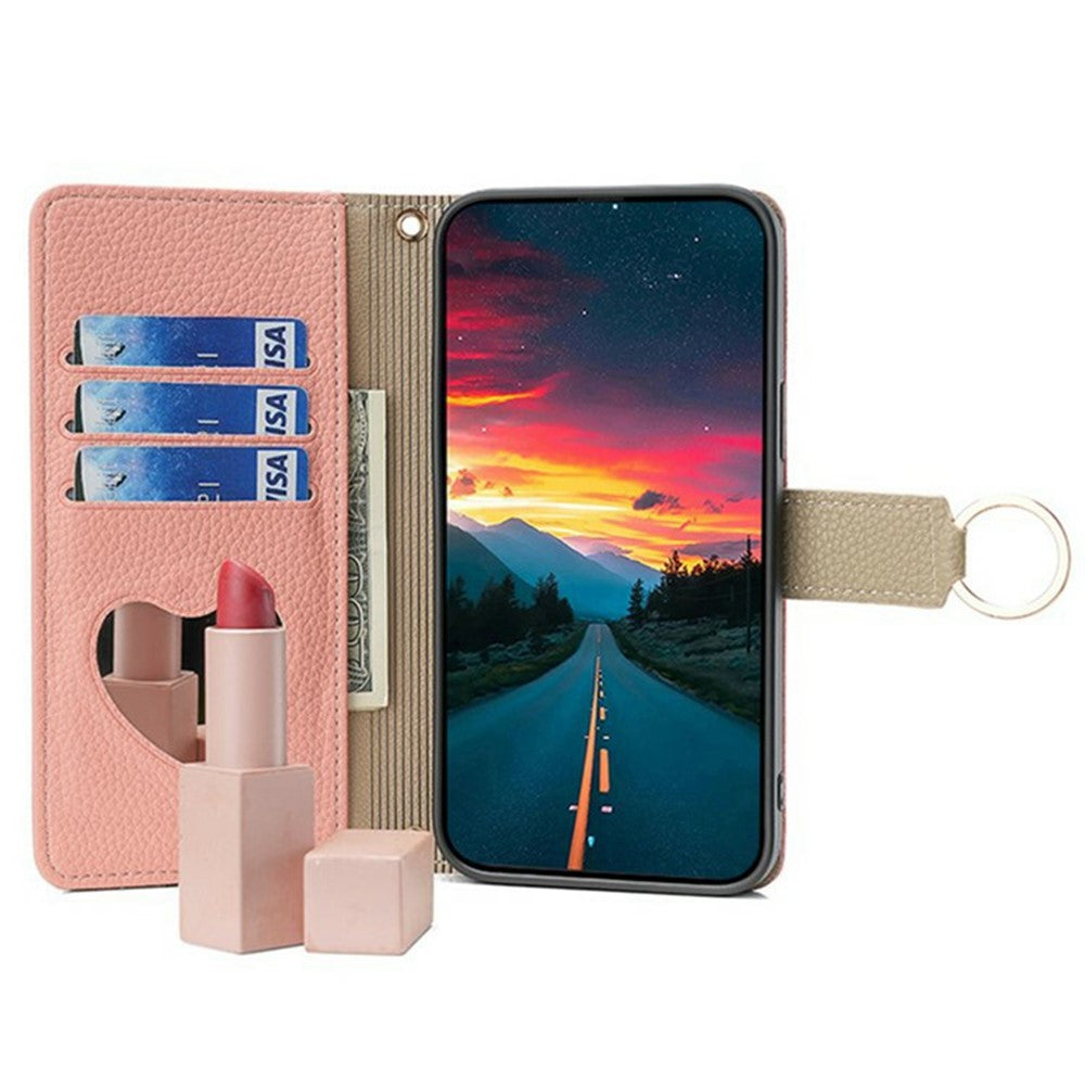 For Xiaomi 17 Pro Max Case Mirror Wallet Leather Phone Cover with Chain Shoulder Strap - Pink