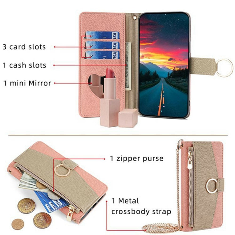 For Xiaomi 17 Pro Max Case Mirror Wallet Leather Phone Cover with Chain Shoulder Strap - Pink