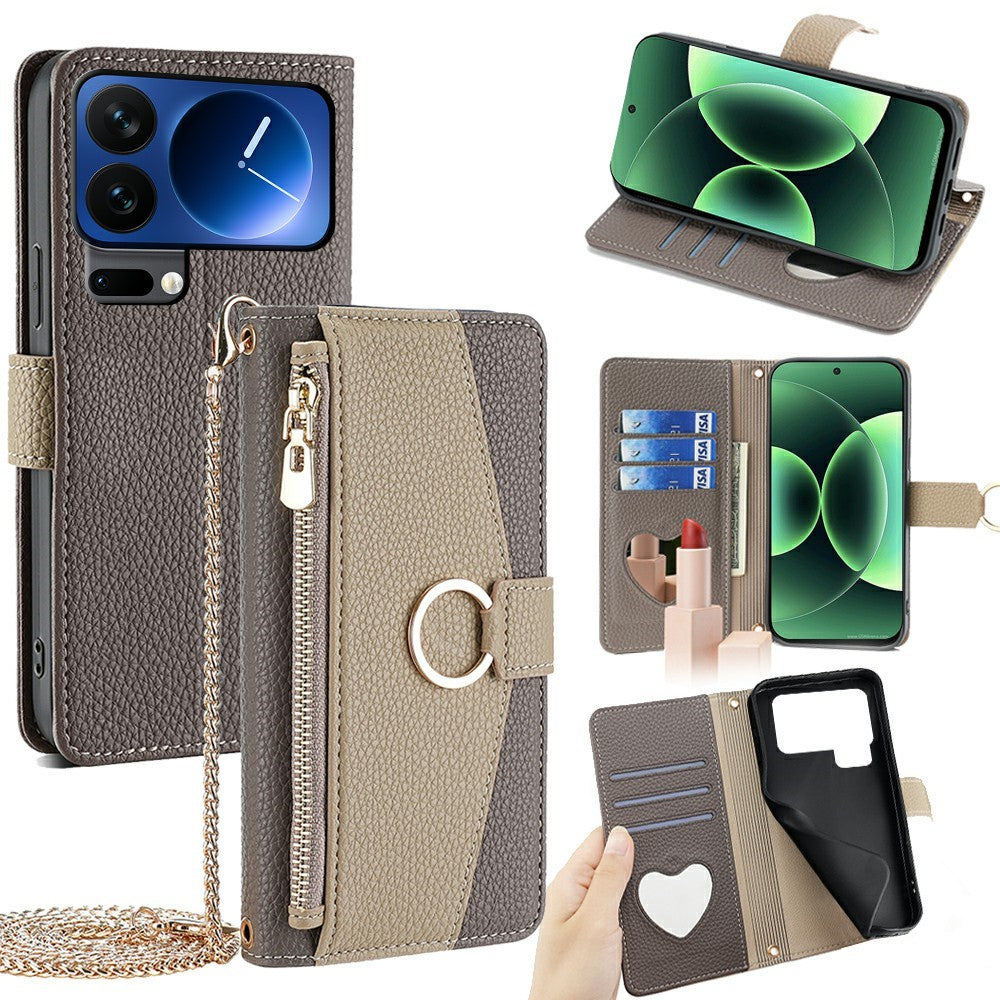 For Xiaomi 17 Pro Max Case Mirror Wallet Leather Phone Cover with Chain Shoulder Strap - Grey