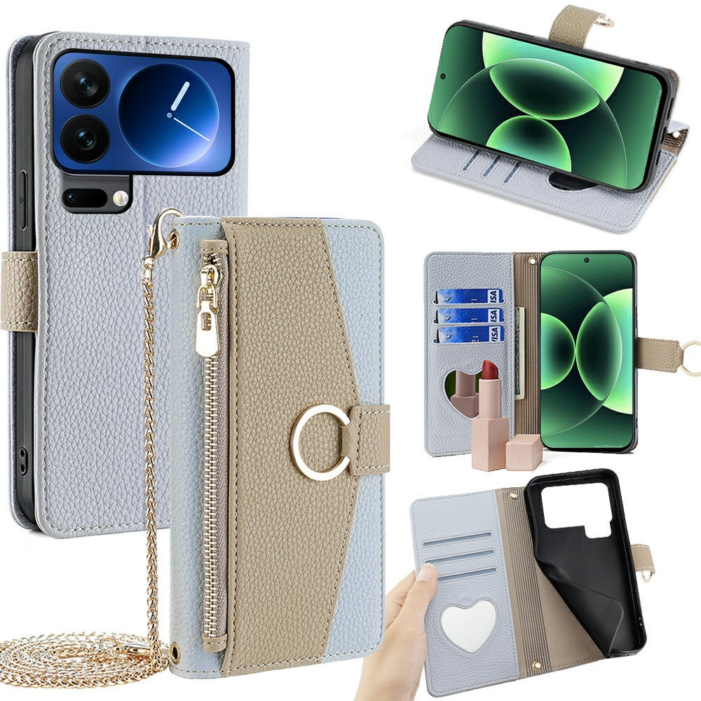 For Xiaomi 17 Pro Max Case Mirror Wallet Leather Phone Cover with Chain Shoulder Strap - Blue