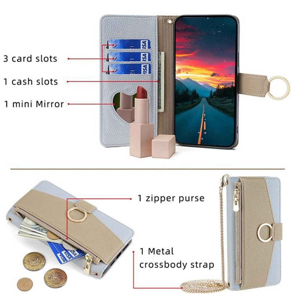For Xiaomi 17 Pro Max Case Mirror Wallet Leather Phone Cover with Chain Shoulder Strap - Blue