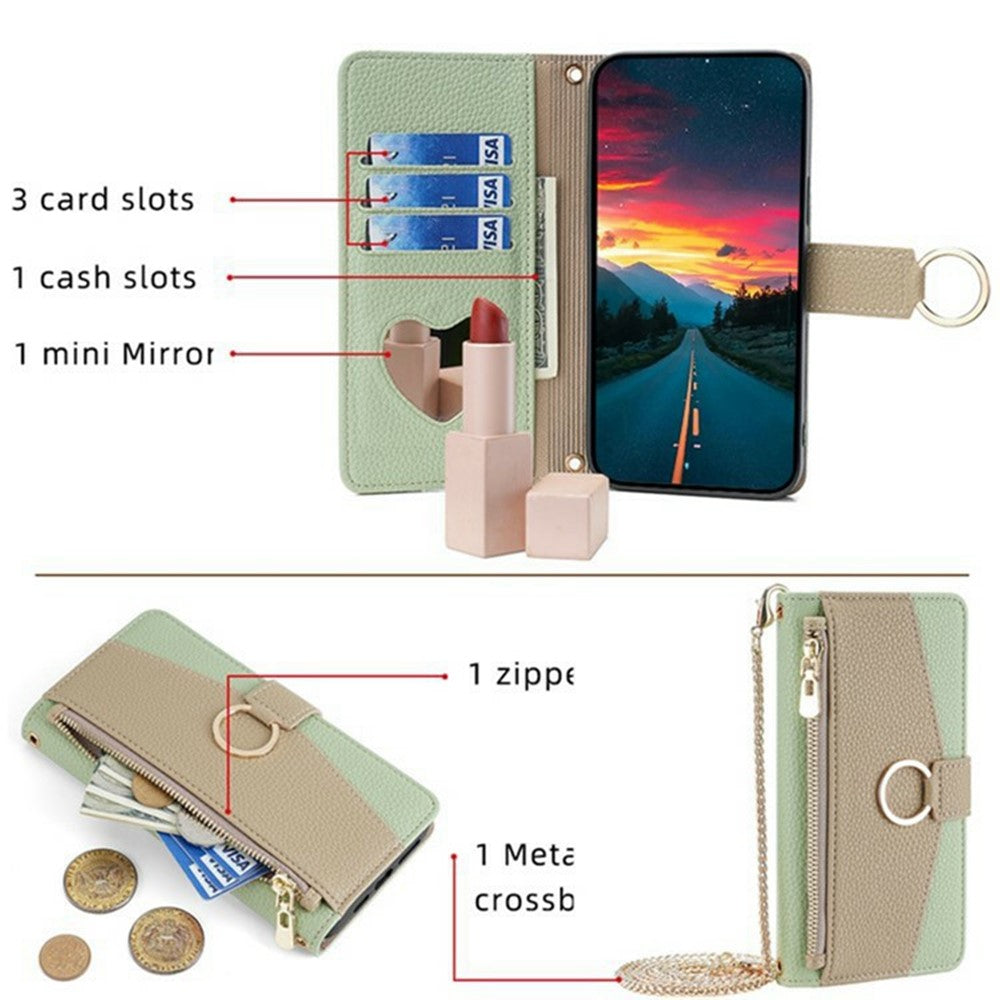 For Xiaomi 17 Pro Max Case Mirror Wallet Leather Phone Cover with Chain Shoulder Strap - Green