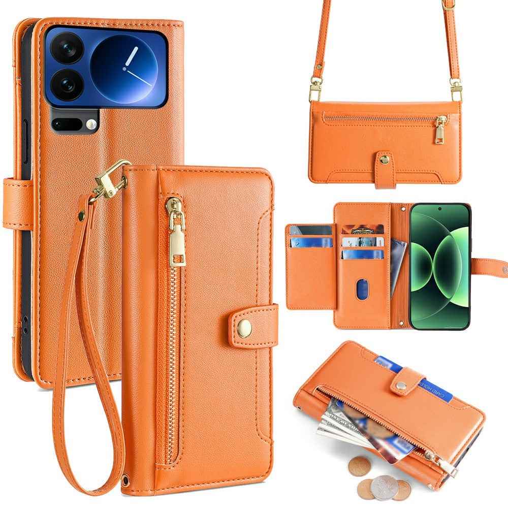 For Xiaomi 17 Pro Leather Case Zipper Pocket Wallet Phone Cover with 2 Straps - Orange