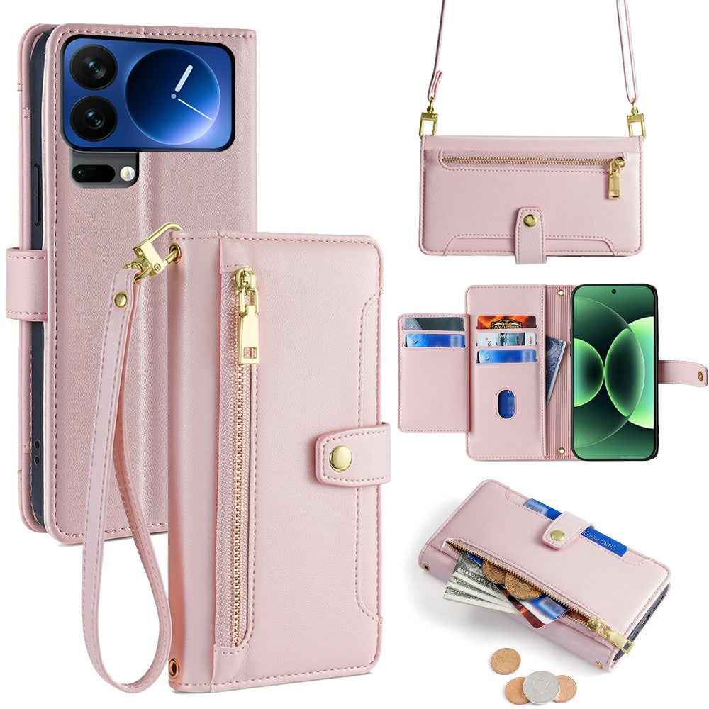 For Xiaomi 17 Pro Leather Case Zipper Pocket Wallet Phone Cover with 2 Straps - Pink