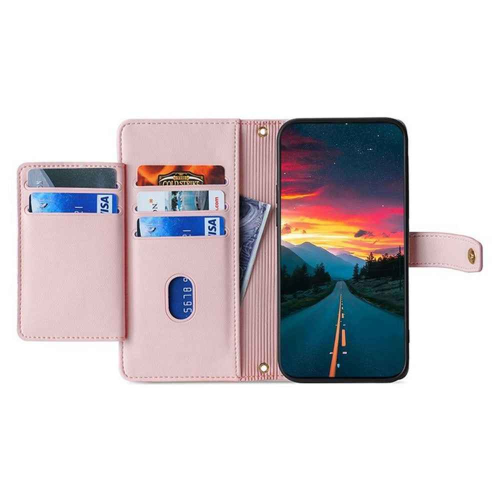 For Xiaomi 17 Pro Leather Case Zipper Pocket Wallet Phone Cover with 2 Straps - Pink