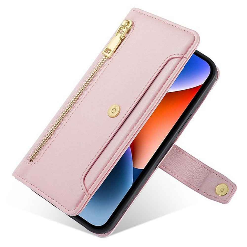 For Xiaomi 17 Pro Leather Case Zipper Pocket Wallet Phone Cover with 2 Straps - Pink