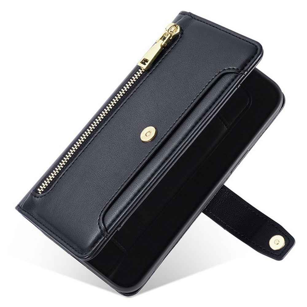For Xiaomi 17 Pro Leather Case Zipper Pocket Wallet Phone Cover with 2 Straps - Black