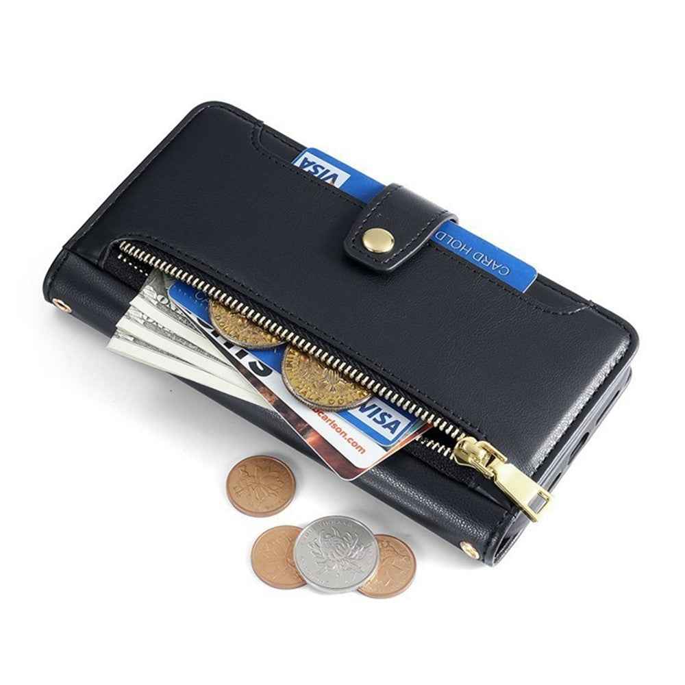 For Xiaomi 17 Pro Leather Case Zipper Pocket Wallet Phone Cover with 2 Straps - Black