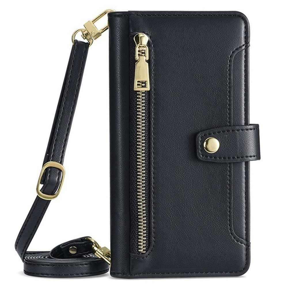 For Xiaomi 17 Pro Leather Case Zipper Pocket Wallet Phone Cover with 2 Straps - Black