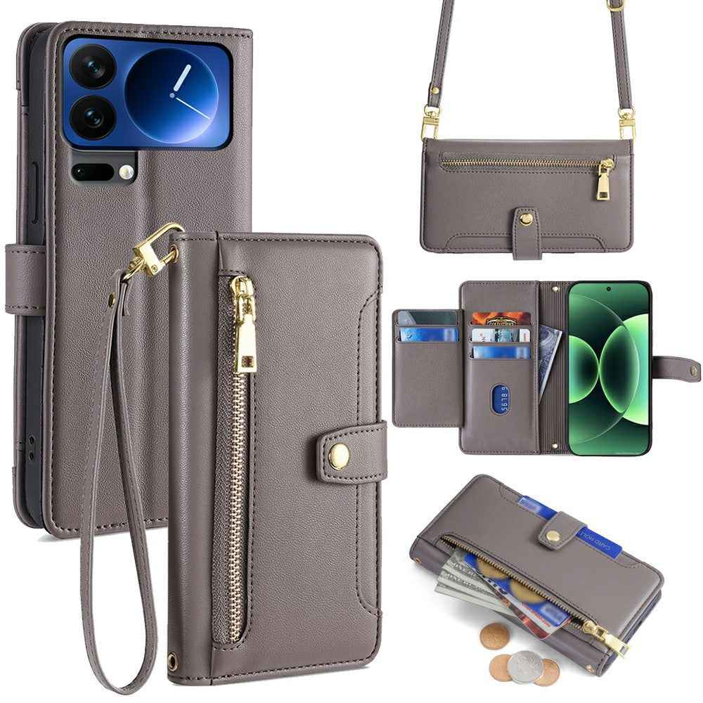For Xiaomi 17 Pro Leather Case Zipper Pocket Wallet Phone Cover with 2 Straps - Grey