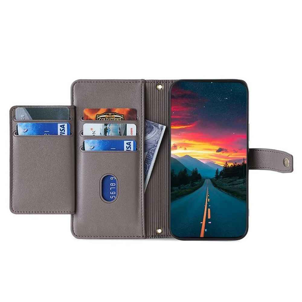 For Xiaomi 17 Pro Leather Case Zipper Pocket Wallet Phone Cover with 2 Straps - Grey