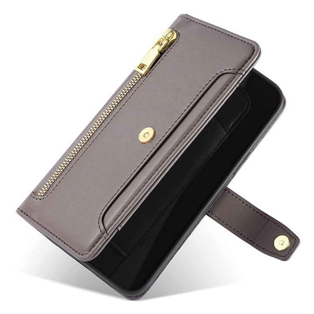 For Xiaomi 17 Pro Leather Case Zipper Pocket Wallet Phone Cover with 2 Straps - Grey