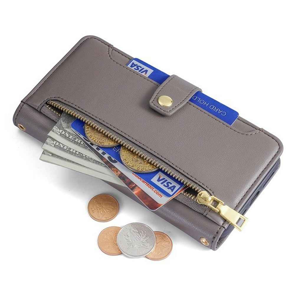 For Xiaomi 17 Pro Leather Case Zipper Pocket Wallet Phone Cover with 2 Straps - Grey