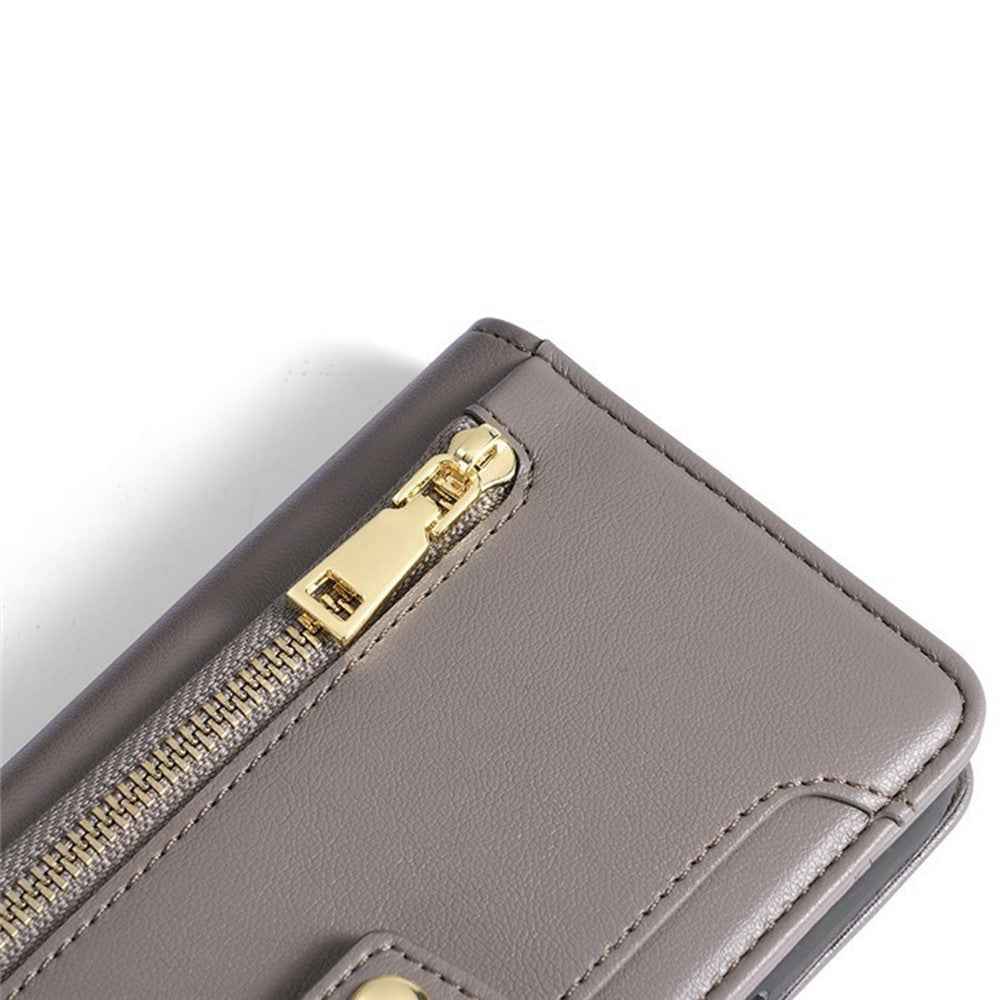 For Xiaomi 17 Pro Leather Case Zipper Pocket Wallet Phone Cover with 2 Straps - Grey