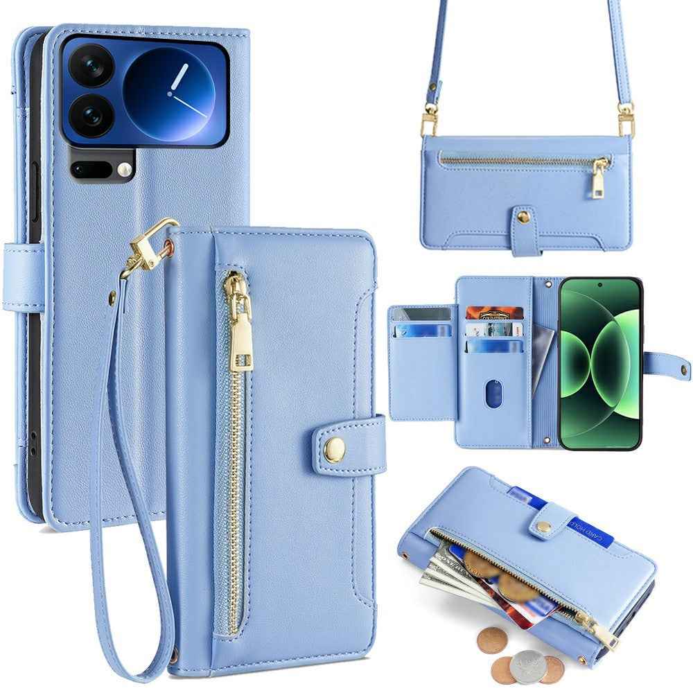 For Xiaomi 17 Pro Leather Case Zipper Pocket Wallet Phone Cover with 2 Straps - Blue