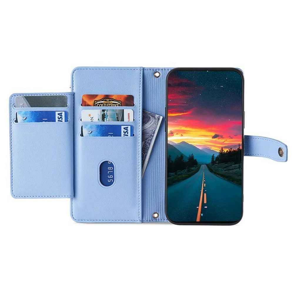 For Xiaomi 17 Pro Leather Case Zipper Pocket Wallet Phone Cover with 2 Straps - Blue