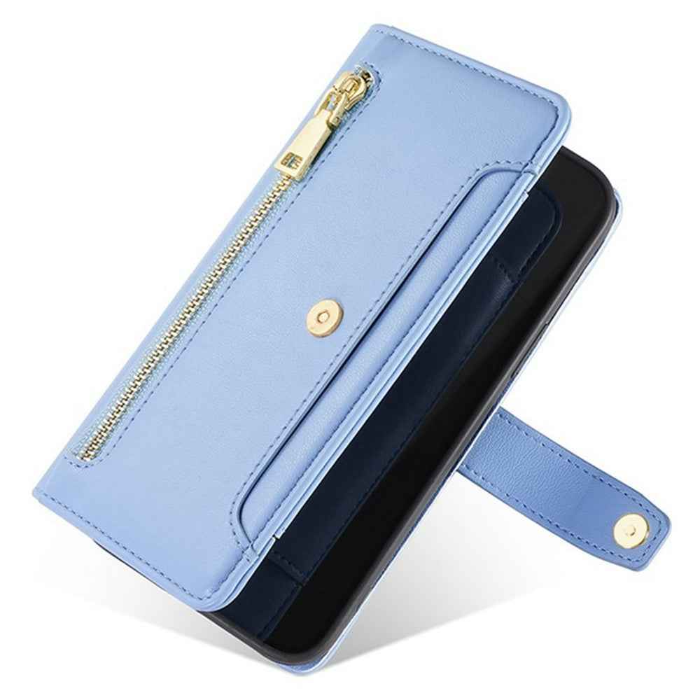 For Xiaomi 17 Pro Leather Case Zipper Pocket Wallet Phone Cover with 2 Straps - Blue
