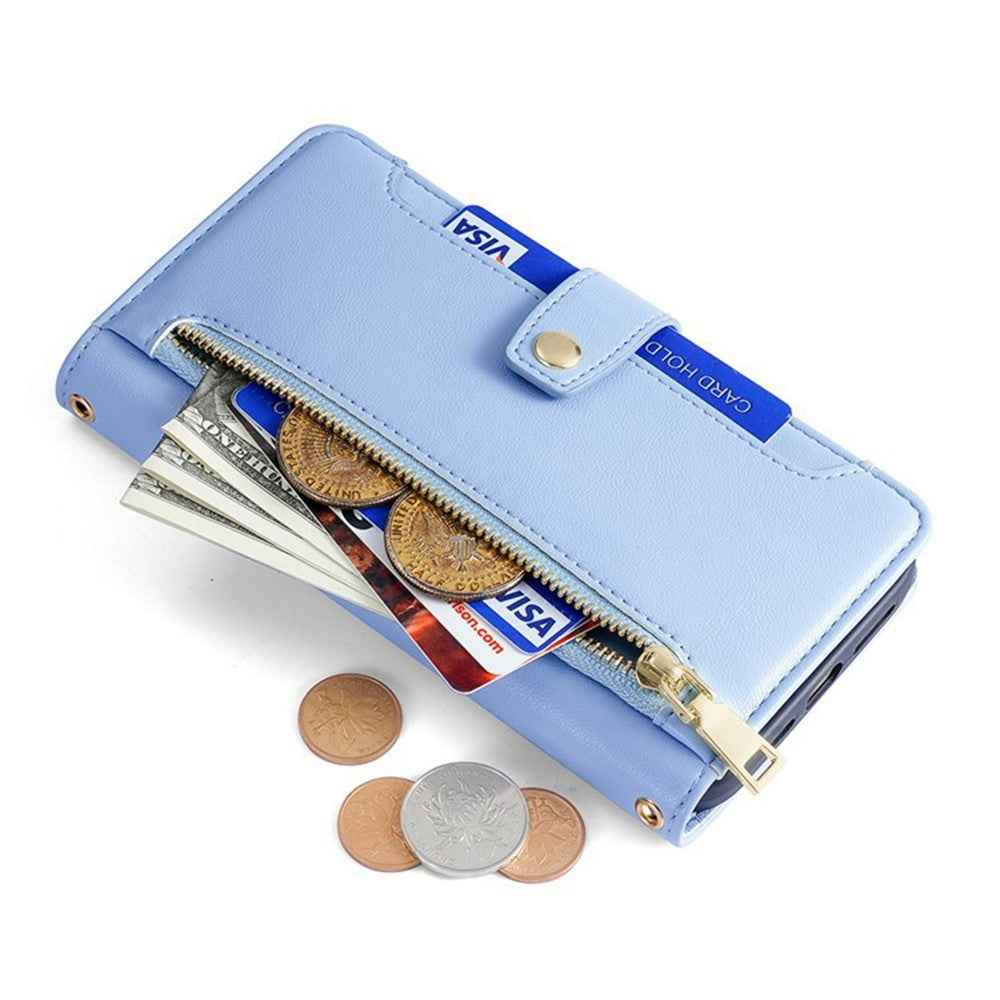 For Xiaomi 17 Pro Leather Case Zipper Pocket Wallet Phone Cover with 2 Straps - Blue